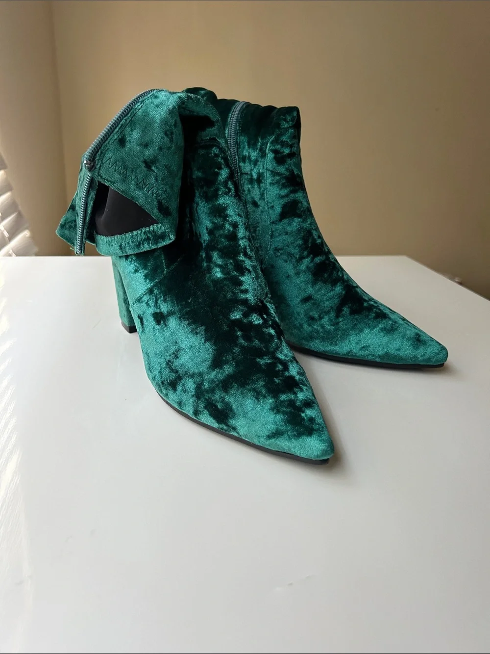 Silent D Velvet Pointed-Toe Ankle Boots in Emerald Green
